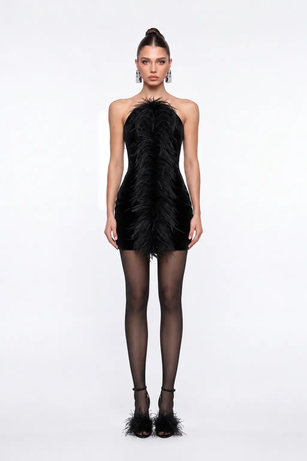 TÜY DETAYLI SİYAH KADİFE MİNİ BODYCON ELBİSE