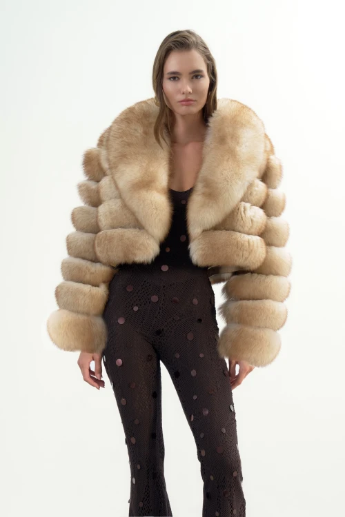 BEIGE/BROWN SPECKLED FAUX FUR COAT