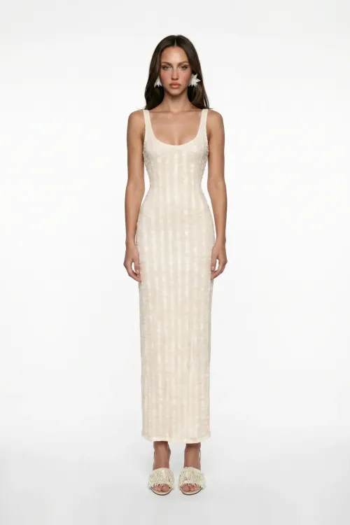BEIGE CORAL BEADED FRINGE DETAIL LACE MIDI DRESS