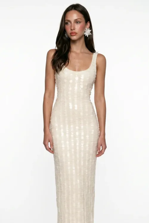 BEIGE CORAL BEADED FRINGE DETAIL LACE MIDI DRESS