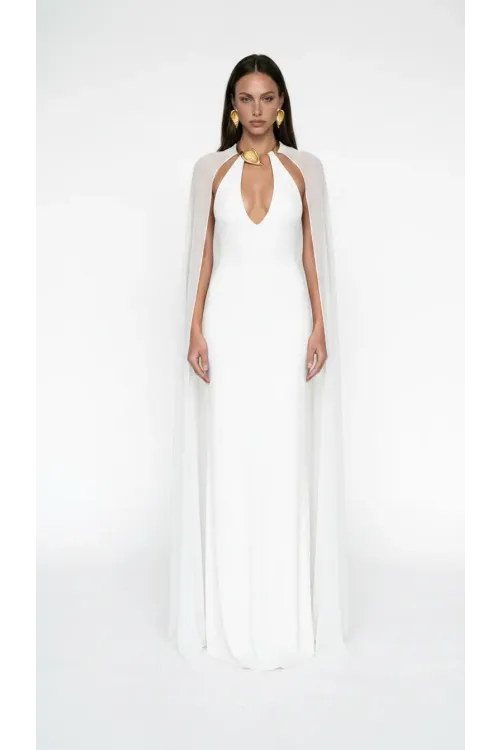 WHITE V-NECK CAPE DETAIL MAXI JERSEY DRESS