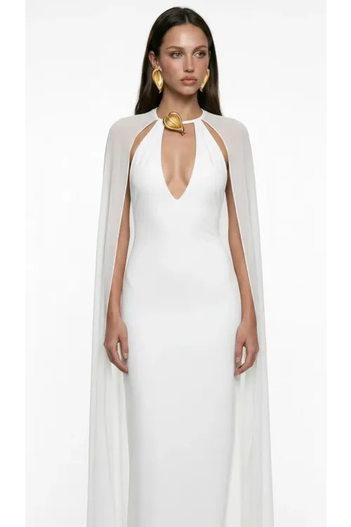 WHITE V-NECK CAPE DETAIL MAXI JERSEY DRESS