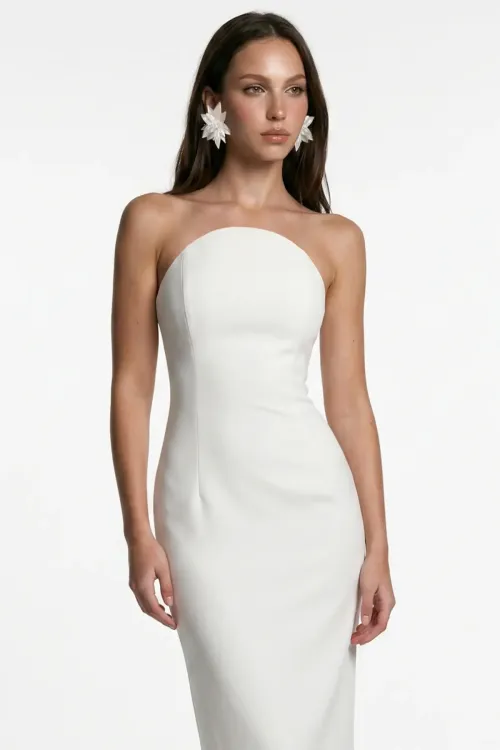 WHITE CORSET DETAIL CREPE MIDI BODYCON DRESS