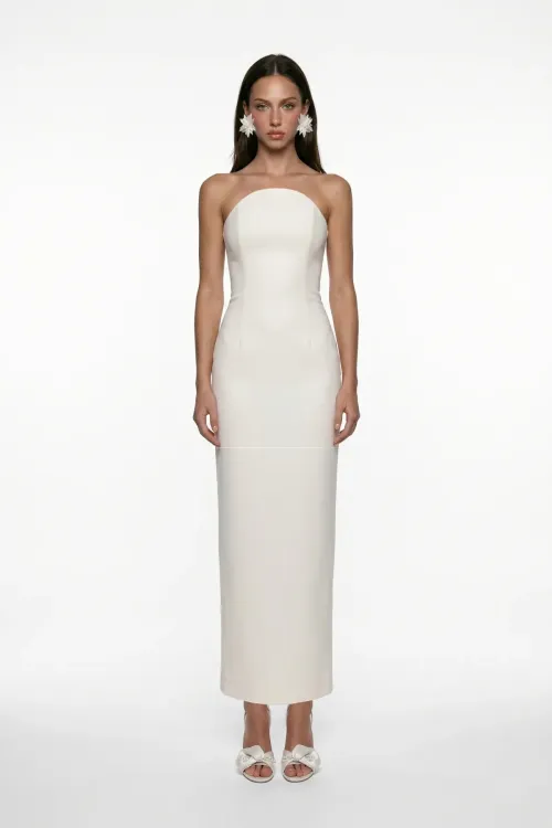 WHITE CORSET DETAIL CREPE MIDI BODYCON DRESS