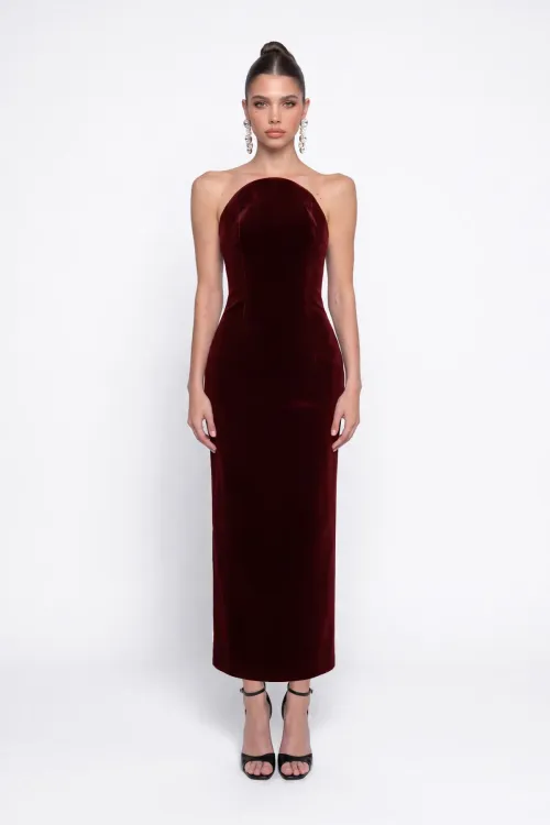 BORDO KADİFE BODYCON MİDİ ELBİSE