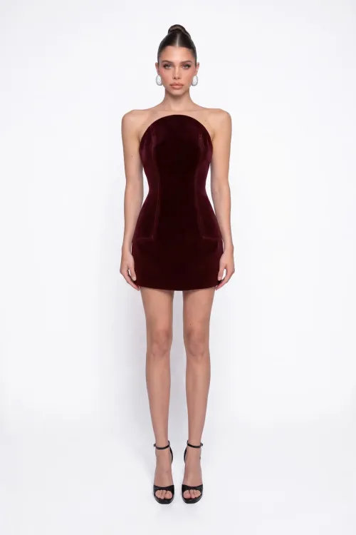 BORDO KADİFE MİNİ BODYCON ELBİSE
