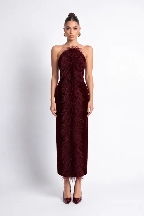 BORDO TÜY DETAYLI KADİFE BODYCON MİDİ ELBİSE