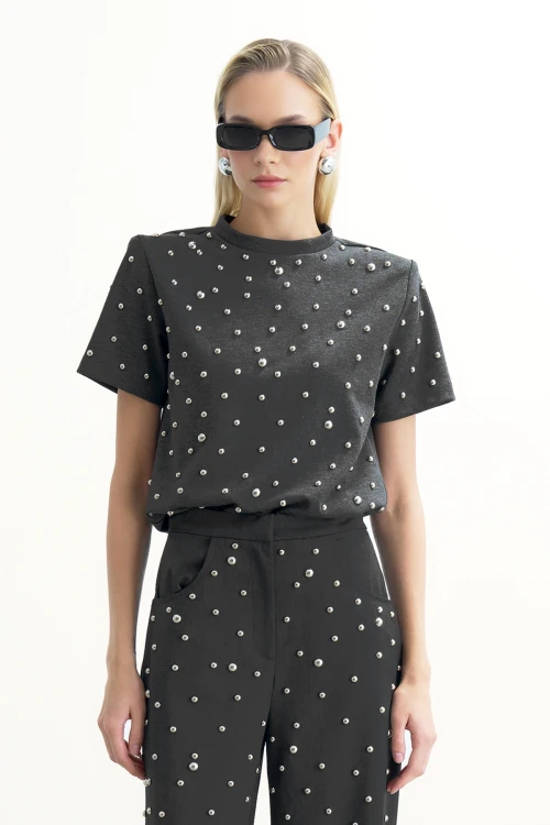 GRAY T-SHIRT WITH METALLIC STONE PRINT