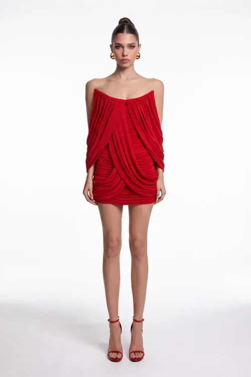 KIRMIZI DRAPELİ ŞAL DETAYLI JARSE MİNİ ELBİSE