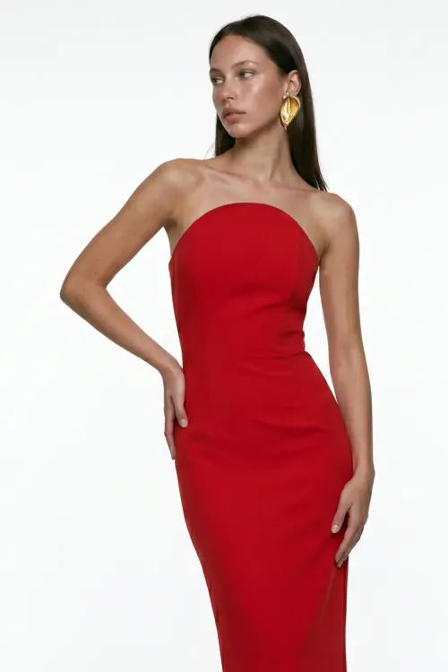 RED CORSET DETAIL CREPE MIDI BODYCON DRESS
