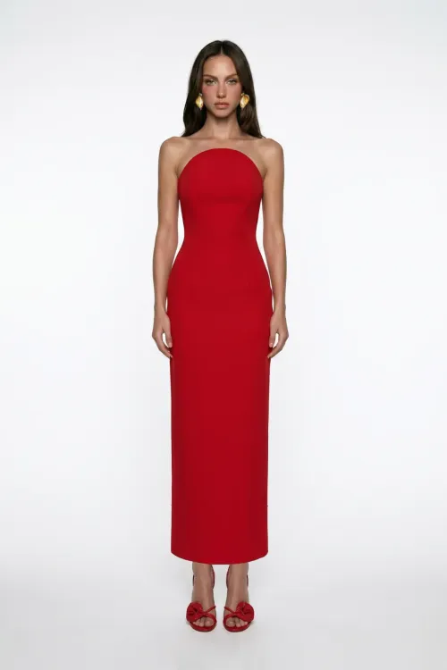 RED CORSET DETAIL CREPE MIDI BODYCON DRESS