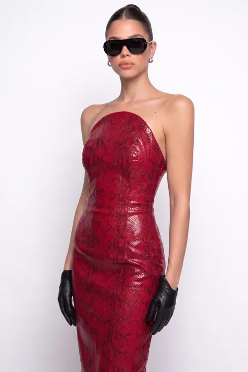KIRMIZI PiTON DOKULU BODYCON MİDİ ELBİSE