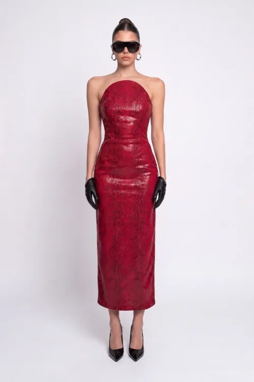 KIRMIZI PiTON DOKULU BODYCON MİDİ ELBİSE