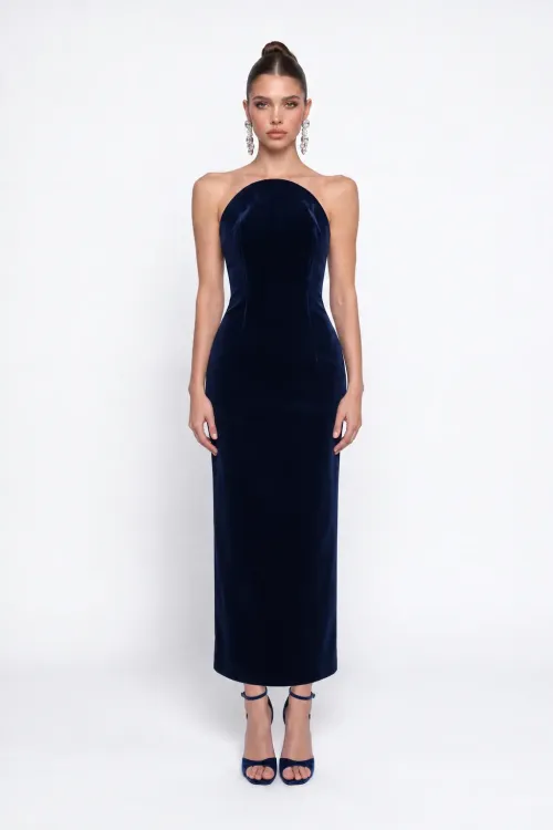LACİVERT KADİFE BODYCON MİDİ ELBİSE