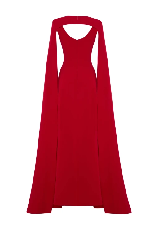 RED MAXI DRESS WITH CAPE DETAIL