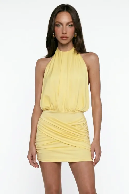 YELLOW BACK DETAIL MINI JERSEY DRESS WITH GOLD ACCESSORY