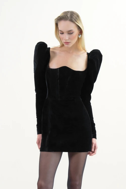 BLACK VELVET MINI DRESS WITH BONED CORSET AND PUFFED SLEEVES