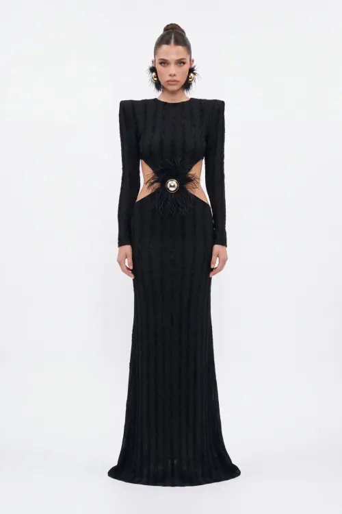 SİYAH CUT-OUT KADİFE ŞERİTLİ MAXİ ELBİSE