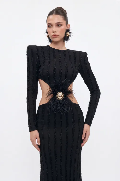 SİYAH CUT-OUT KADİFE ŞERİTLİ MAXİ ELBİSE