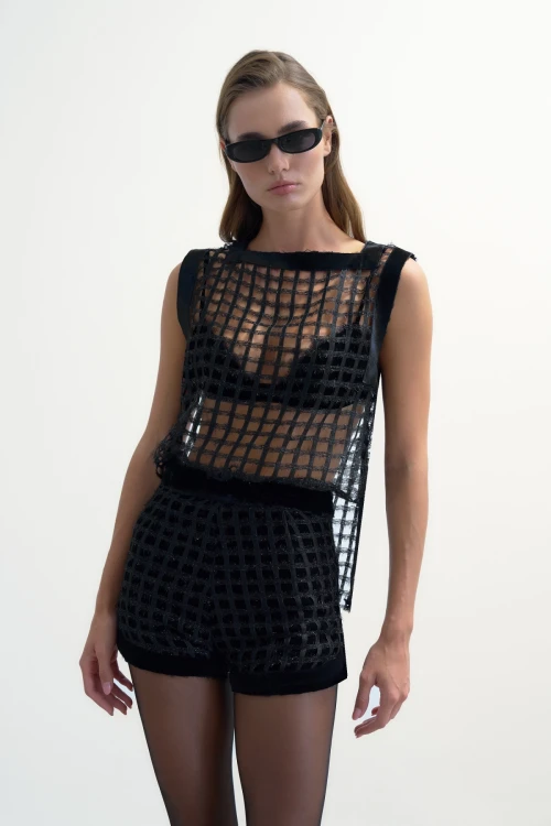 BLACK CHECKED BRA TOP WITH VELVET DETAIL