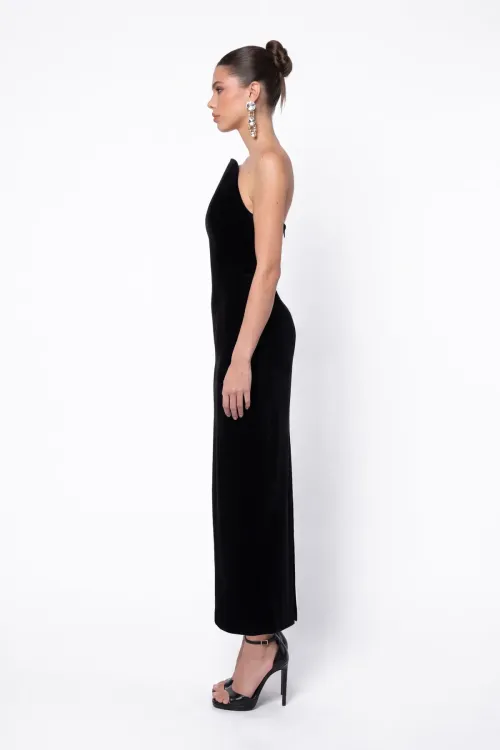 SİYAH KADİFE MİDİ BODYCON ELBİSE