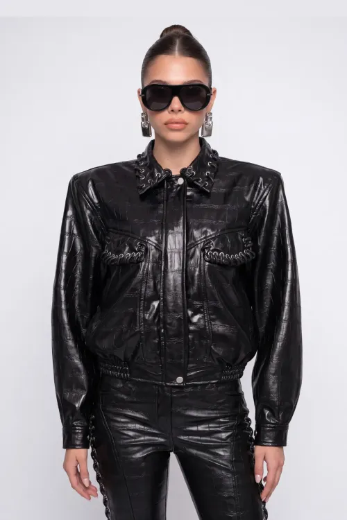 SİYAH KUŞ GÖZÜ DETAYLI KROKODİL CEKET