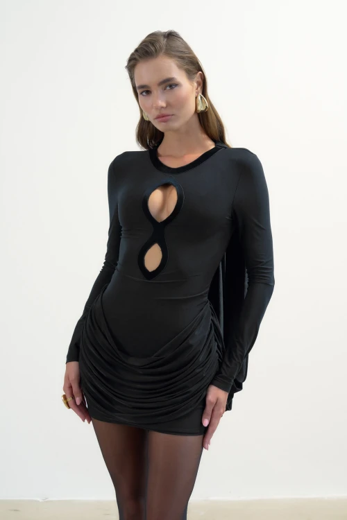 BLACK MINI DRESS WITH VELVET FRONT ROUND CUT-OUT AND CAPE-BACK DETAIL