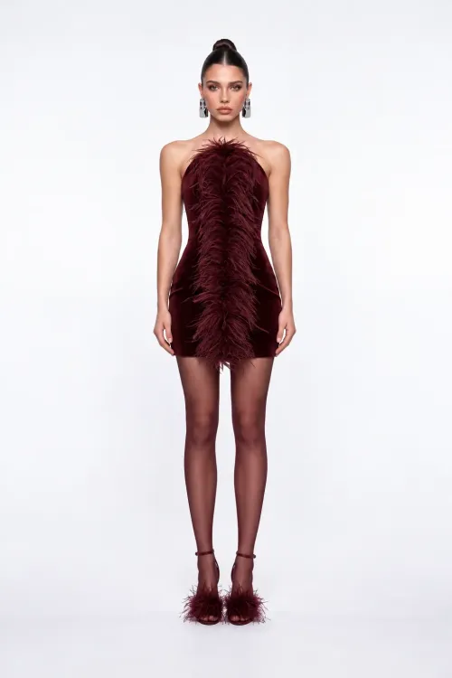 TÜY DETAYLI BORDO KADİFE MİNİ BODYCON ELBİSE