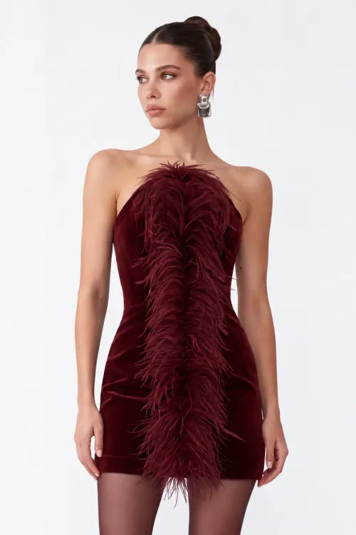 TÜY DETAYLI BORDO KADİFE MİNİ BODYCON ELBİSE