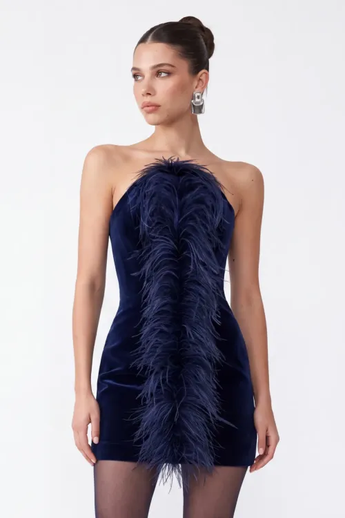 TÜY DETAYLI LACİVERT KADİFE MİNİ BODYCON ELBİSE