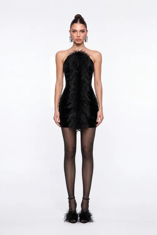 TÜY DETAYLI SİYAH KADİFE MİNİ BODYCON ELBİSE