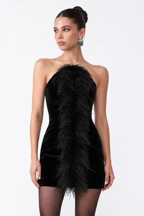 TÜY DETAYLI SİYAH KADİFE MİNİ BODYCON ELBİSE
