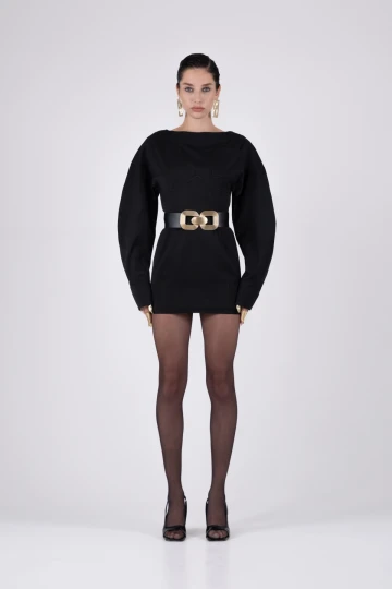 Black Mini Dress with Puff Sleeve Details