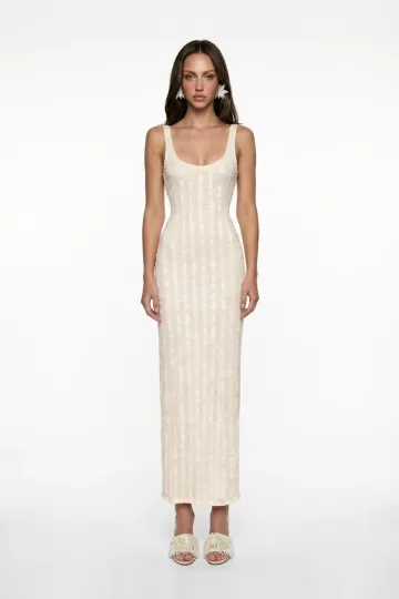 BEIGE CORAL BEADED FRINGE DETAIL LACE MIDI DRESS