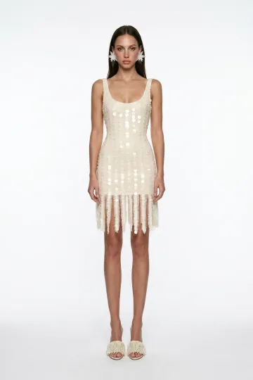 BEIGE CORAL BEADED FRINGE DETAIL LACE MINI DRESS