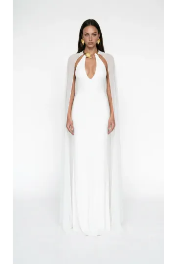 WHITE V-NECK CAPE DETAIL MAXI JERSEY DRESS
