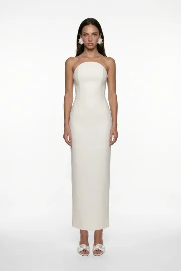 WHITE CORSET DETAIL CREPE MIDI BODYCON DRESS