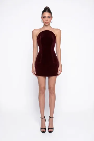 BORDO KADİFE MİNİ BODYCON ELBİSE