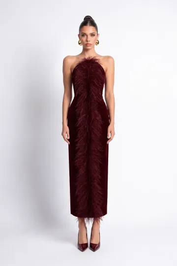 BORDO TÜY DETAYLI KADİFE BODYCON MİDİ ELBİSE