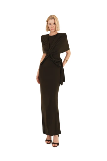 Brown Midi Dress with Knot Detail