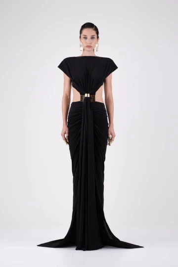 Black Maxi Dress with Gold Clip Detail and Draping