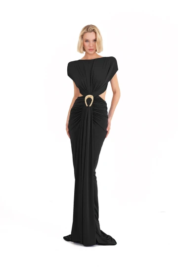 Gold Stone Buckle Detailed Draped Open Back Black Maxi Dress