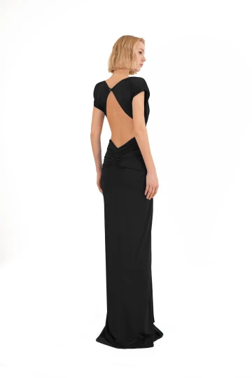 Gold Stone Buckle Detailed Draped Open Back Black Maxi Dress