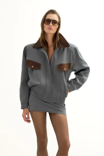 GRAY JACKET WITH BROWN STITCHING AND SUEDE DETAIL