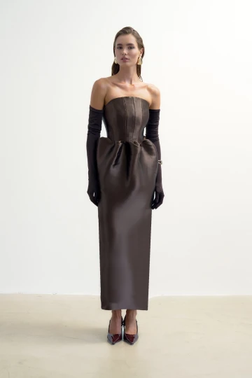 BROWN CORSETED MIDI DRESS WITH BALLOON-SKIRT DETAIL