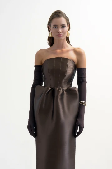 BROWN CORSETED MIDI DRESS WITH BALLOON-SKIRT DETAIL