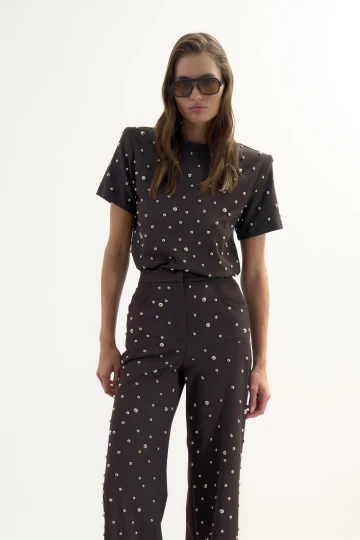 BROWN TROUSERS WITH METALLIC STONE PRINT