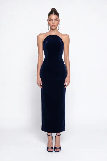 LACİVERT KADİFE BODYCON MİDİ ELBİSE