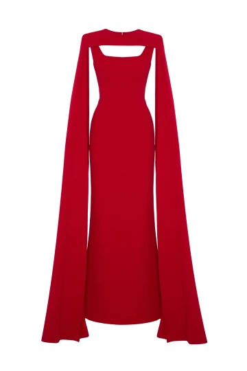 RED MAXI DRESS WITH CAPE DETAIL