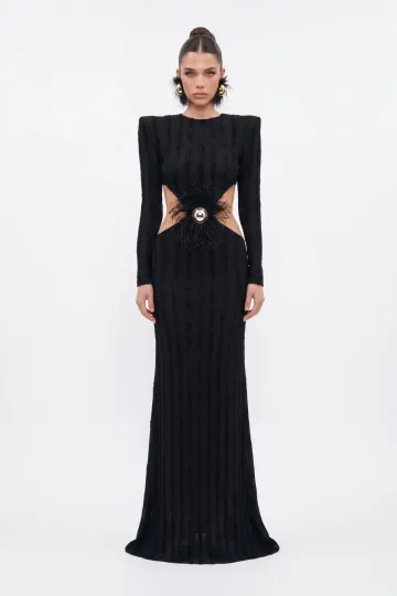 SİYAH CUT-OUT KADİFE ŞERİTLİ MAXİ ELBİSE